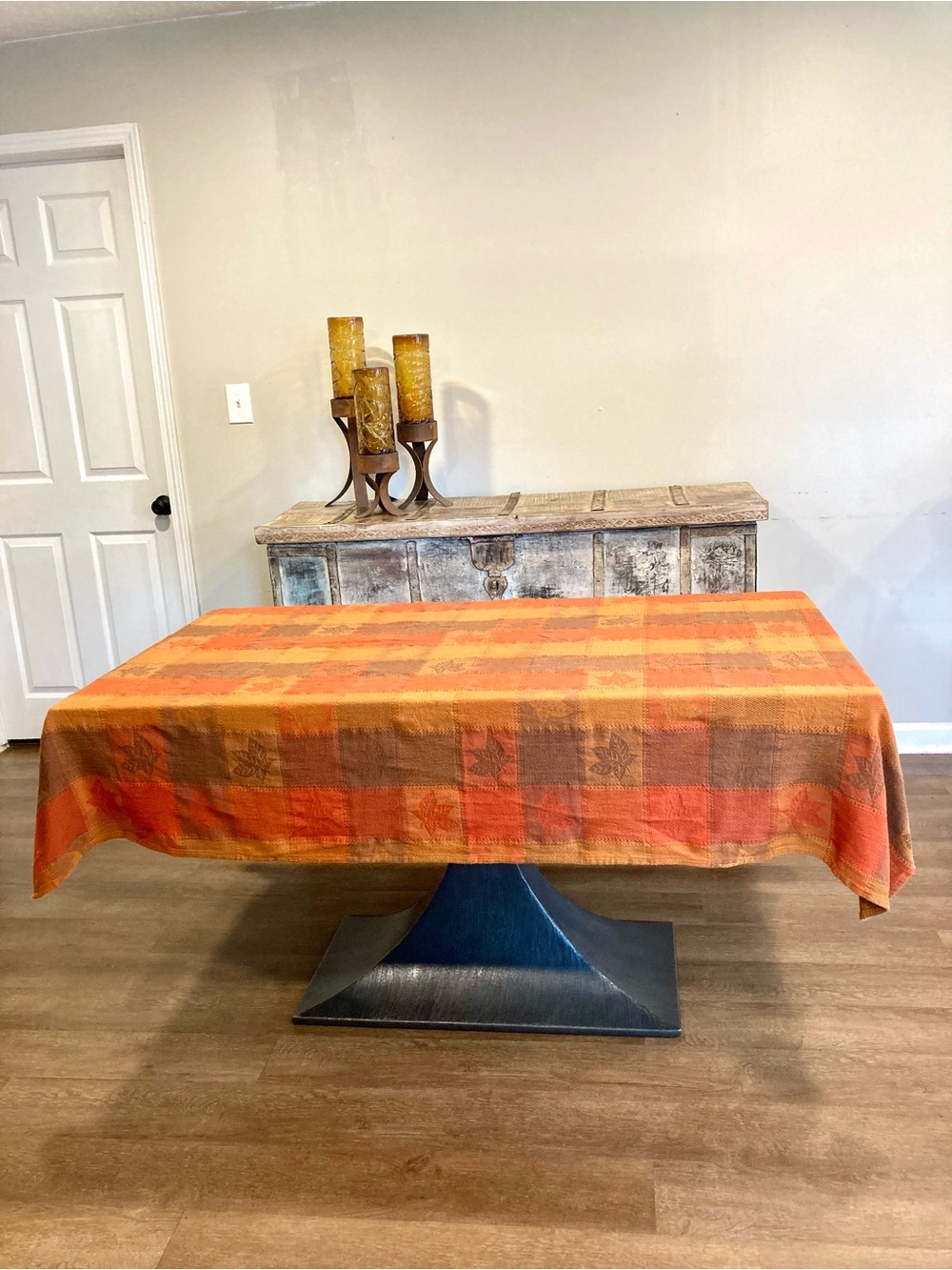 Fall Autumn Plaid Tablecloth Cotton Leaves Orange Brown 71 x 52”